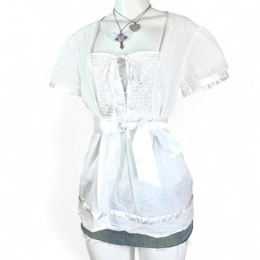 y2k white corset tie front peplum top coquette vintage